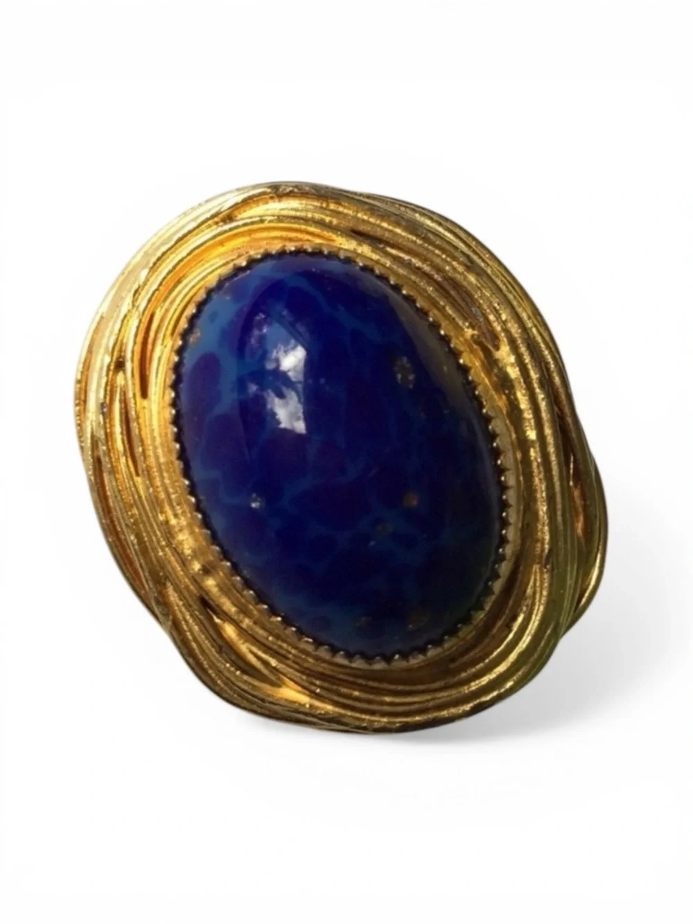 Vintage Brutalist Gold‑Tone Brooch - Blue Agate Cabochon & Gold Flecks - Picture 7 of 13